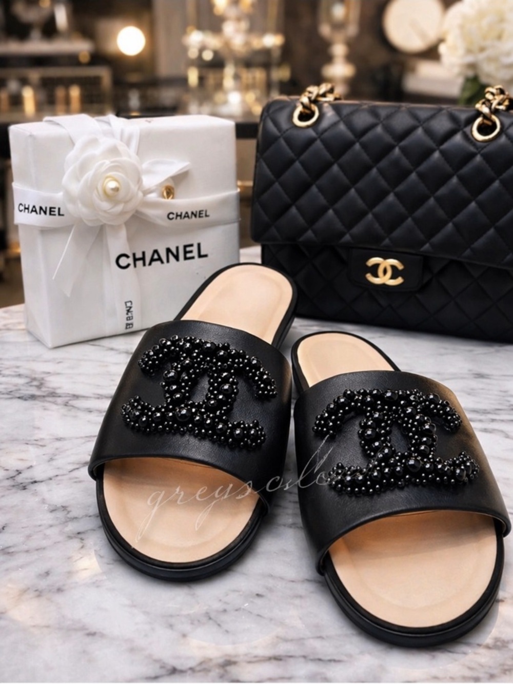 CHANEL 2019 CC Black Leather Mules with Pearl Embellishment /Sz 7.5